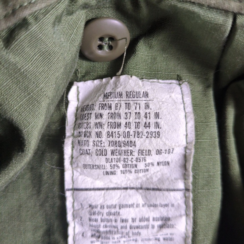 Vintage US Military Field Jacket‎ Mens Med Reg Olive Drab OG-107 Without Liner - Picture 3 of 11